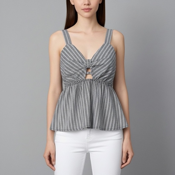 NWT Monteau Linen Blend Black and White Striped Babydoll Top Size S - Picture 1 of 7